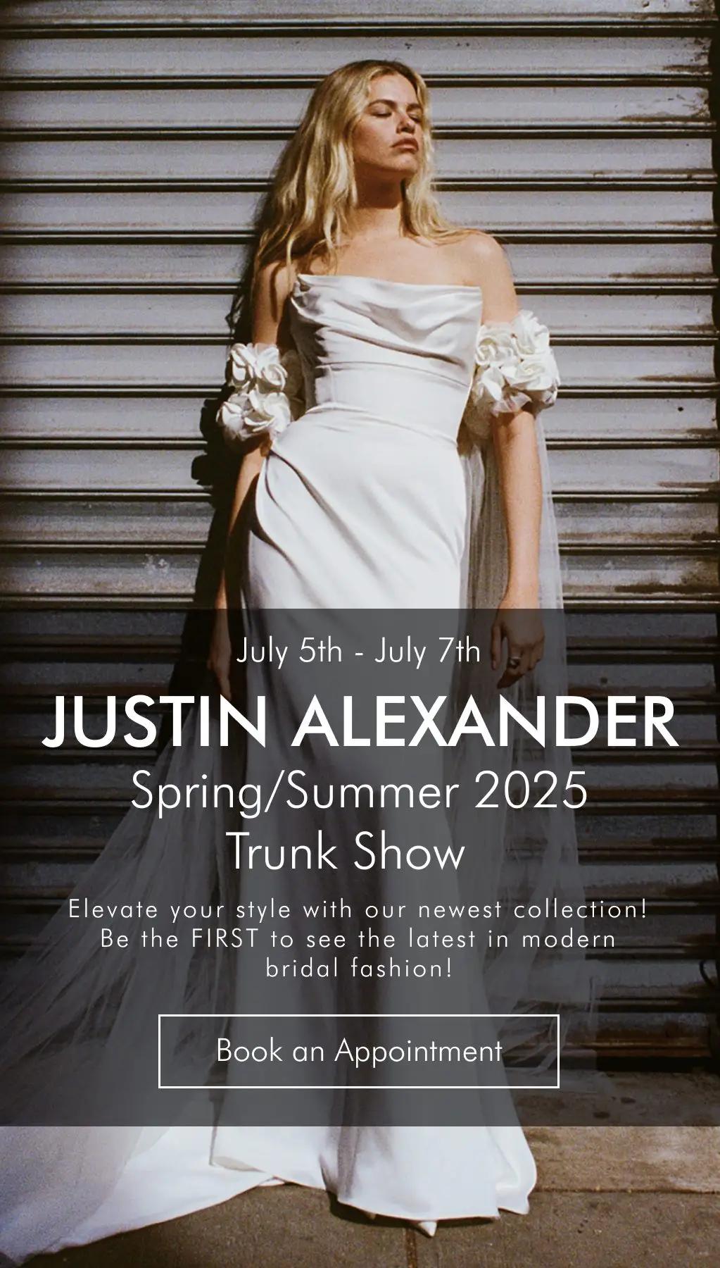 Mobile Justin Alexander Spring/Summer 2025 Trunk Show Banner
